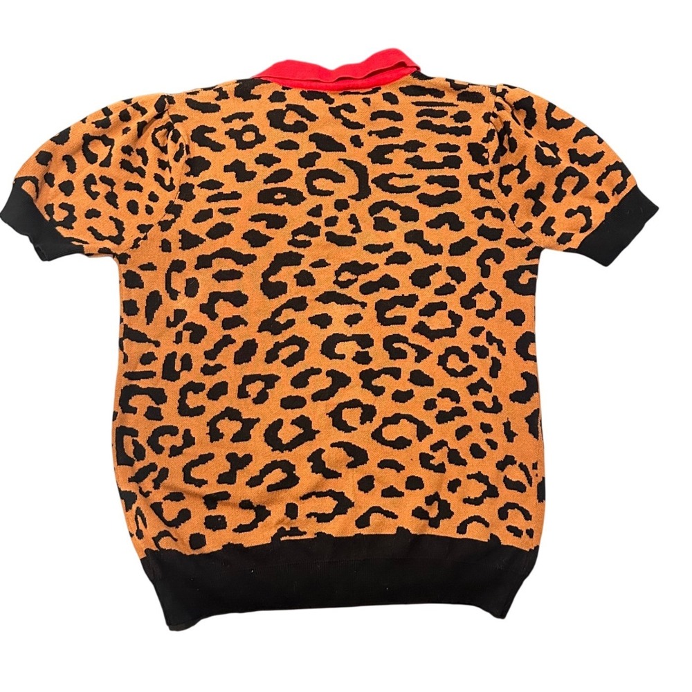 OXKNIT Womens Leopard Print Cotton Knit Polo Puff Sleeve Top Red Collar 2XL - Picture 4 of 9